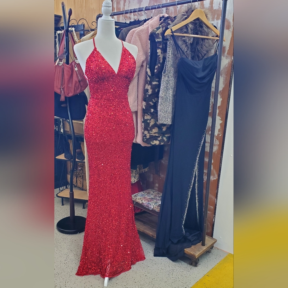 Red Sequin Spaghetti-Strap Evening Dress